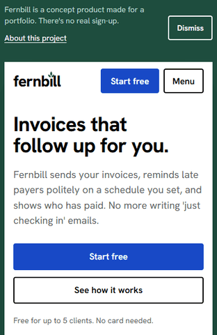 The headline 'Invoices that follow up for you' with Start free and See how it works buttons.