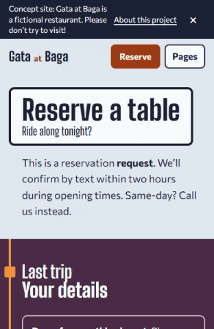 The reservation request form on the dusk-coloured last stop.