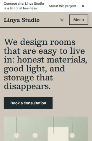 The studio's statement and a Book a consultation button above a room photo.